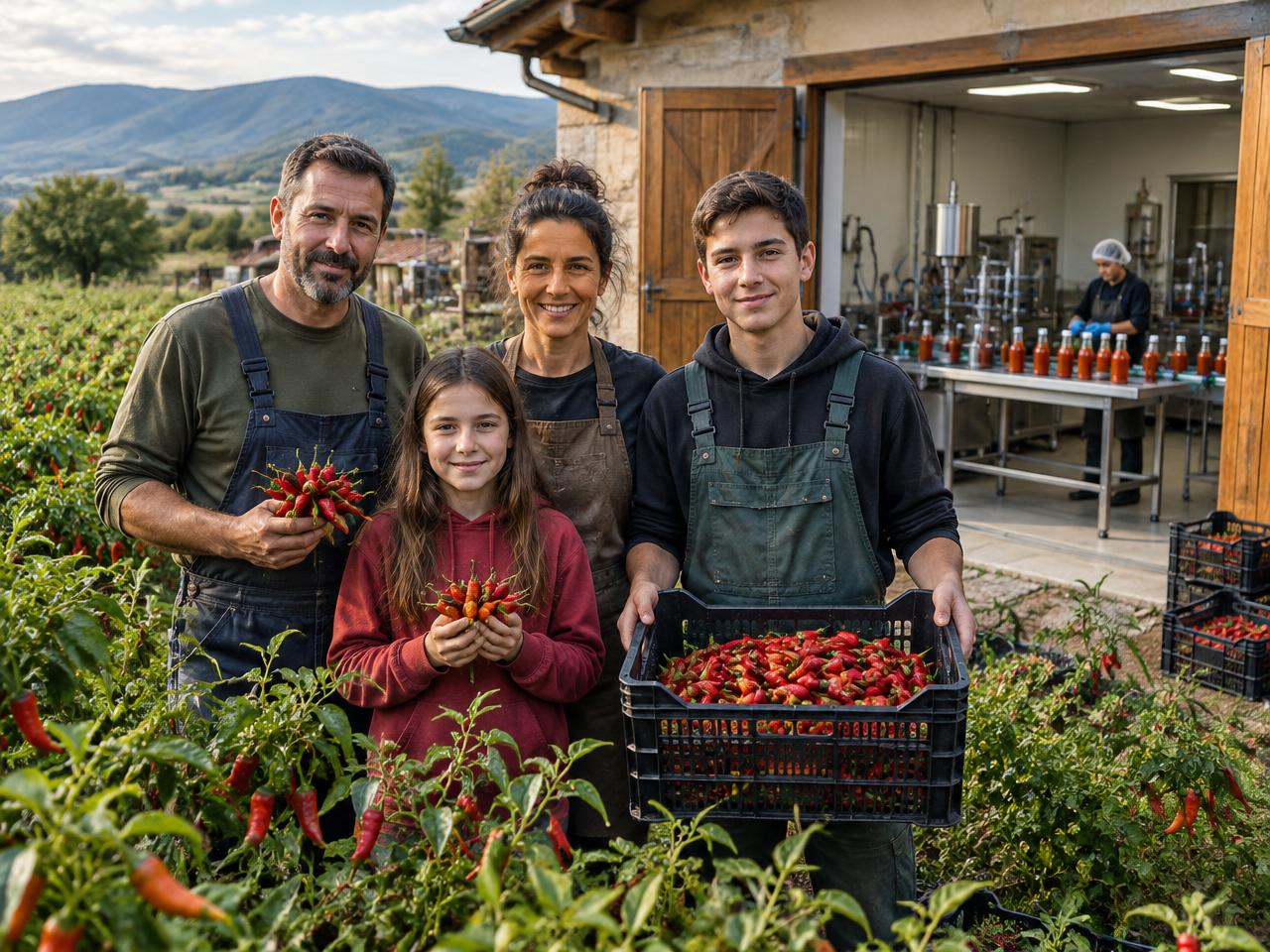 Family-run hot sauce team at the pepper farm